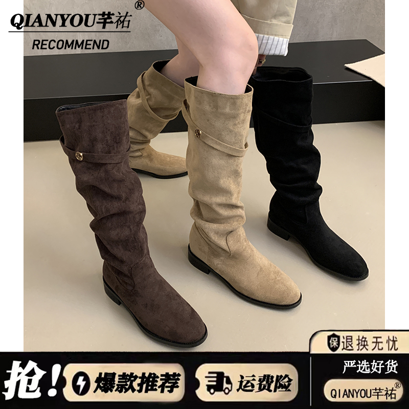 复古瘦瘦靴卡其色堆堆骑士靴女2025新款秋冬季显瘦高筒粗跟长靴子