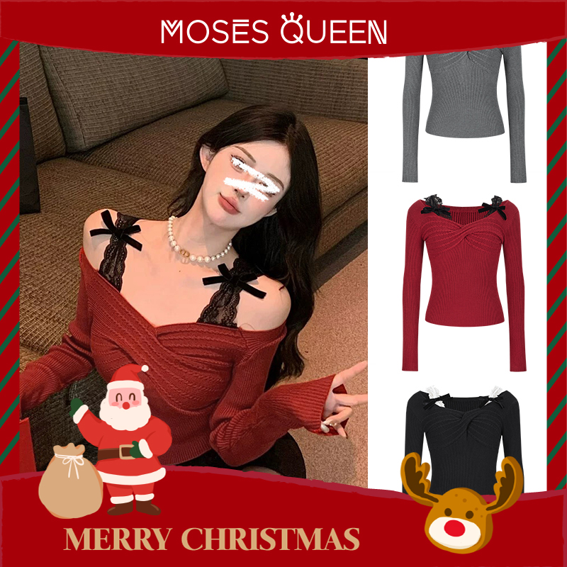 Moses Queen/魔西女王圣诞复古红色收腰针织连衣裙假两件上衣