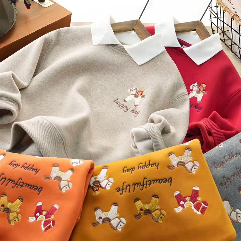 刺绣POLO领加绒儿童卫衣马年新年款中大童男童女童宝宝上衣25232