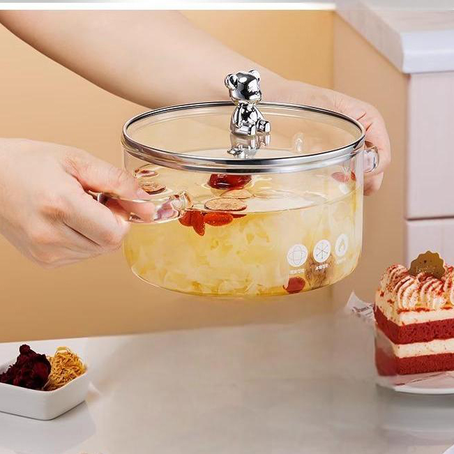 小熊耐热汤碗大号家用新款高颜值沙拉碗泡面锅带盖面碗双耳玻璃锅