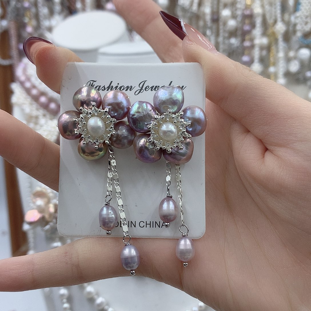 耳饰银S925镶嵌淡水珍珠