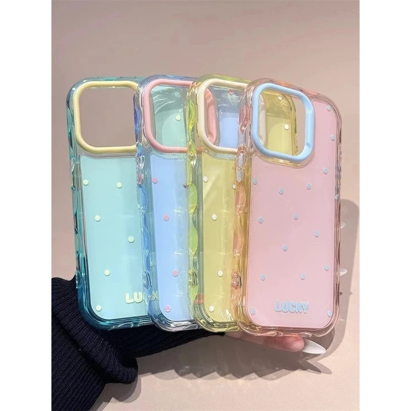 蓝底粉镜满屏波点英文适用苹果16promax亚克力iPhone15波浪14plus