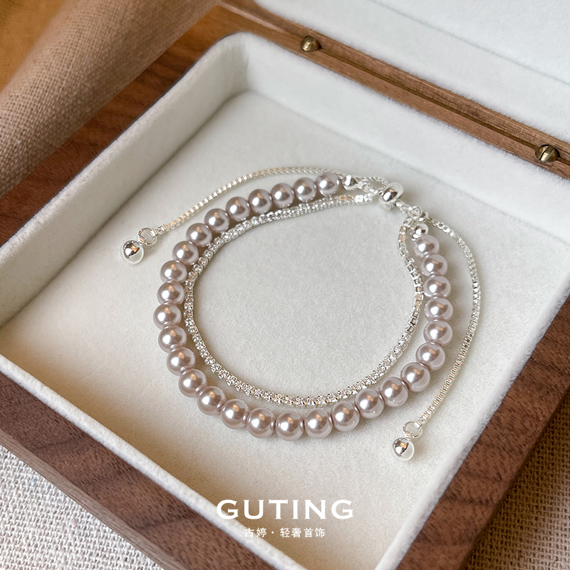 铜合金手链 2321双层叠戴曼塔玫瑰色珠珠手链女优雅法式精致