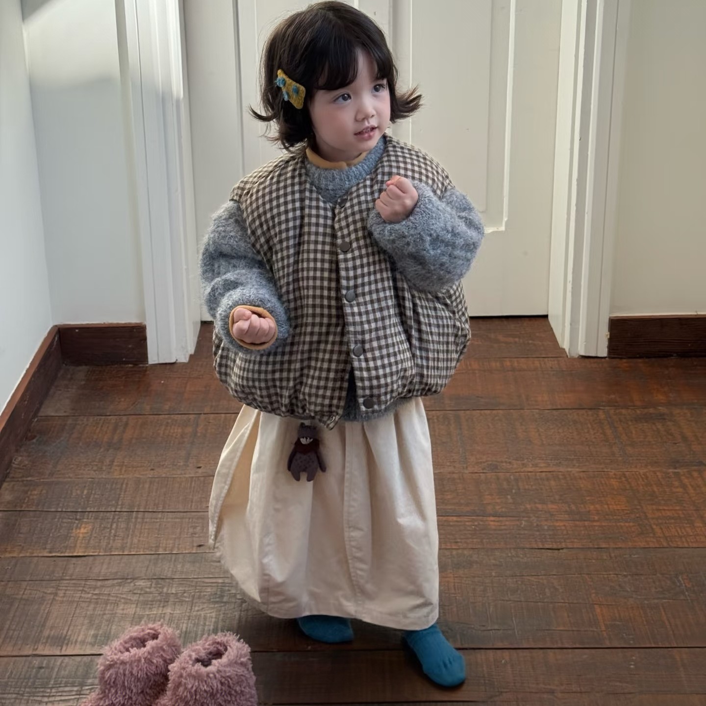 女童棉马甲儿童背心冬装2025新款保暖双面穿格子宝宝洋气外套潮