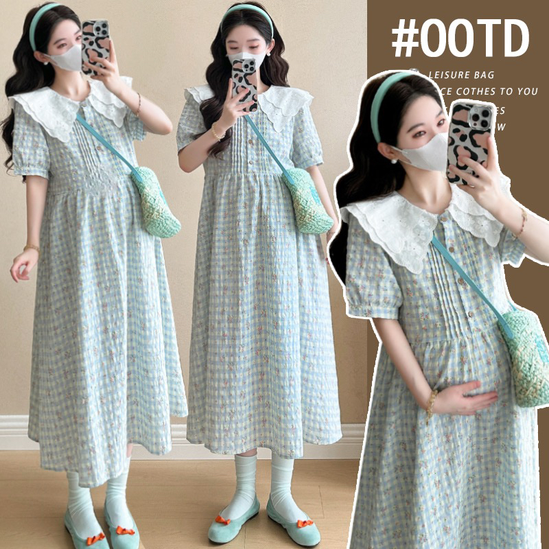 温柔风气质格子碎花中长款孕妇连衣裙夏娃娃领开扣裙子
