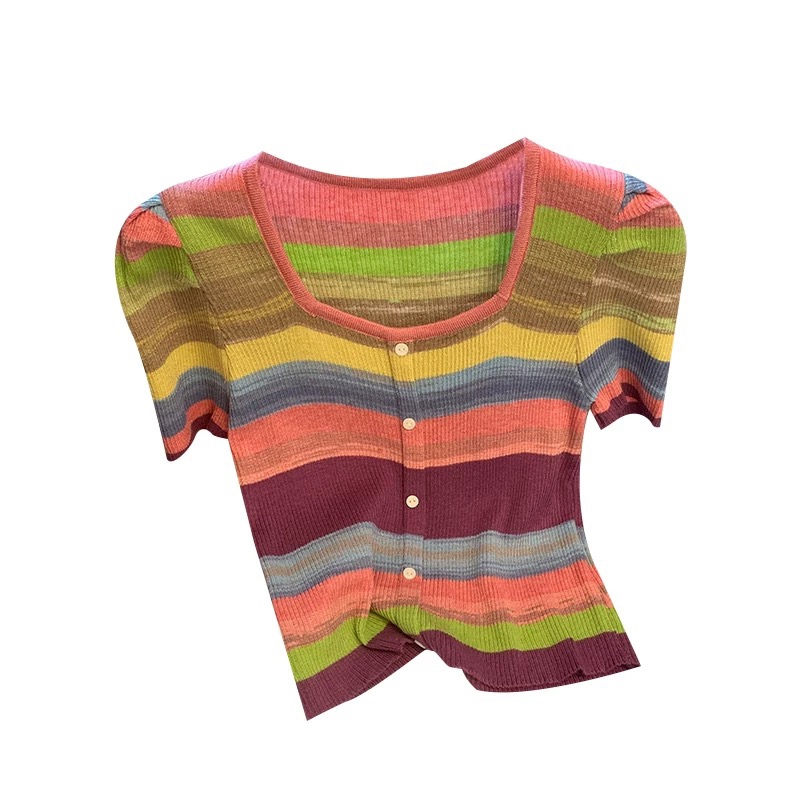 夏季彩色上衣女时尚短款针织衫圆领毛针织衫