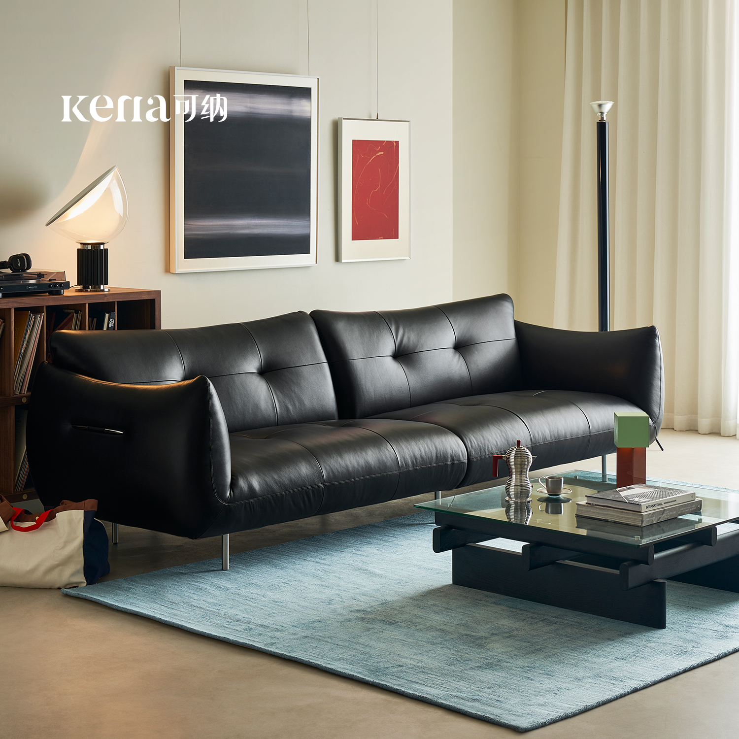 Kena可纳/骑士沙发进口全真皮黑色法式复古中古直排三人位高靠背Z