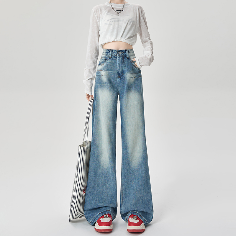 库思玛美式高街阔腿牛仔裤女春季新款小众水洗宽松显瘦垂感拖地裤