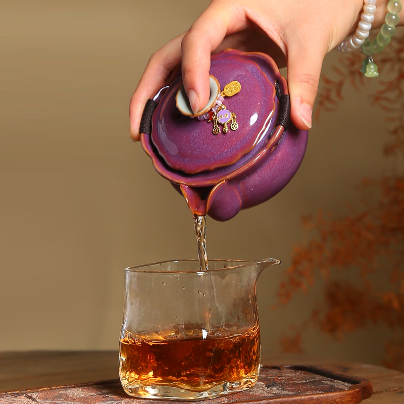 紫色钧窑手抓壶泡茶壶女生精致防烫茶壶功夫家具高档一人饮茶具