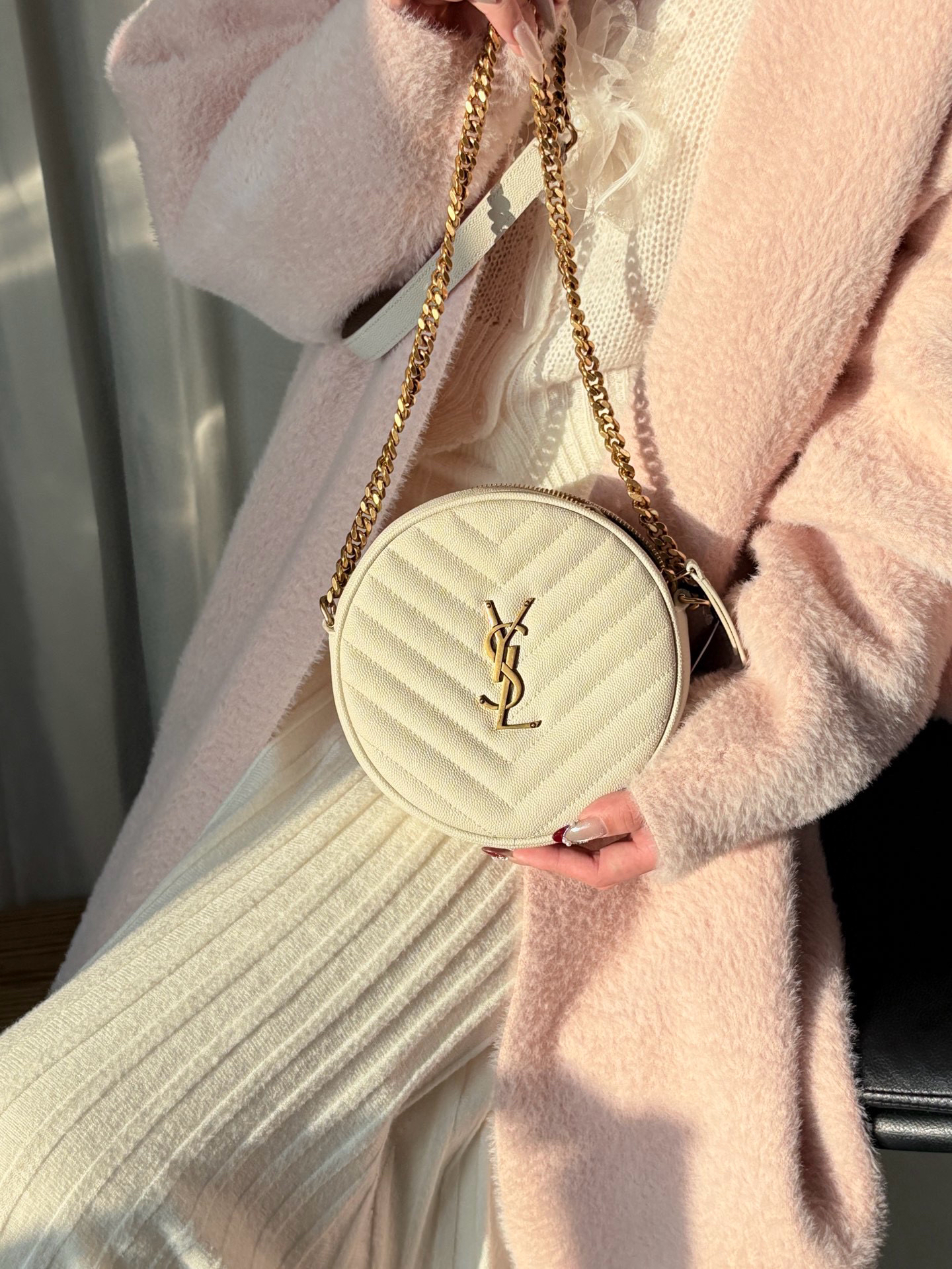 95新 YSL/圣罗兰 ysl 白金荔枝牛圆饼斜挎包(K)