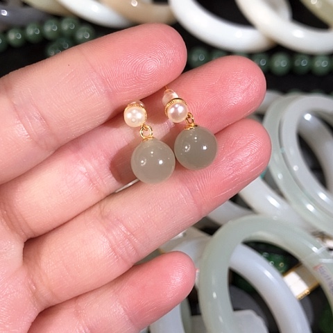 和田玉耳饰银S925镀金镶嵌