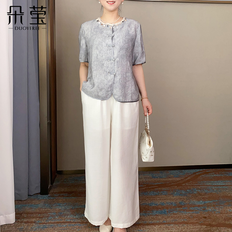 朵莹妈妈装夏季小衫套装中老年女国风宽松大码上衣两件套98059