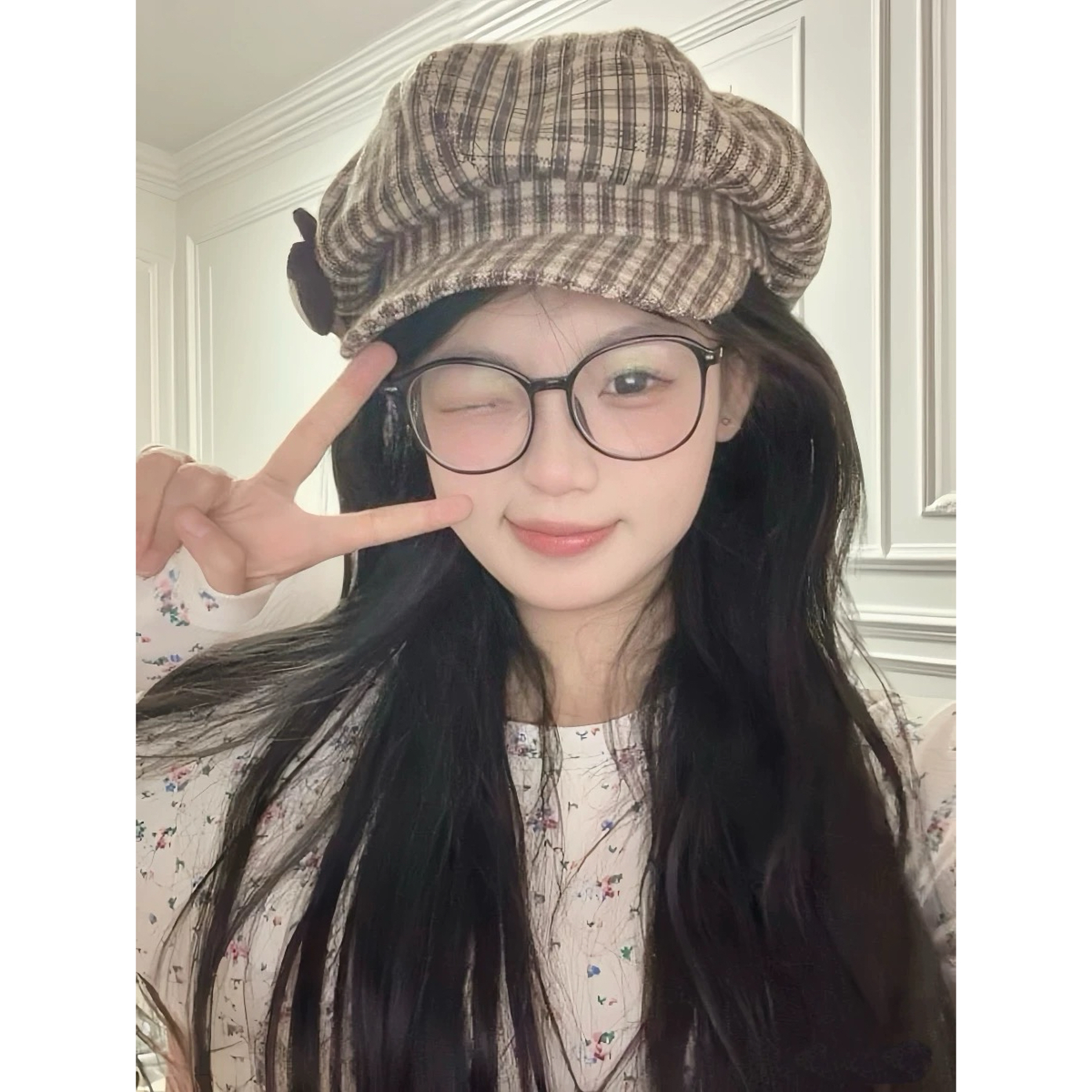 可爱卡通兔子格纹八角帽大头围显脸小遮阳防晒头围（52-60cm)