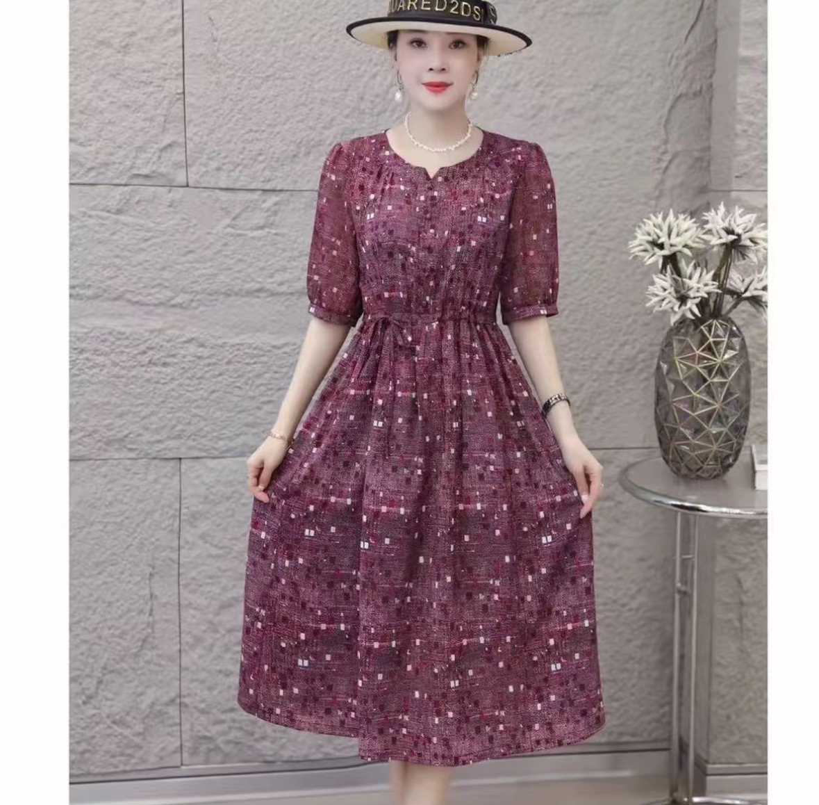 【时装高定款】星空烟粉气质修身时尚休闲夏季高端大码妈妈装连衣裙