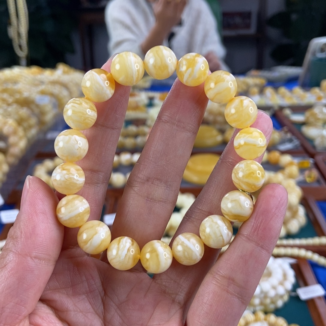 琥珀手链未镶嵌11圆珠虎皮14.1