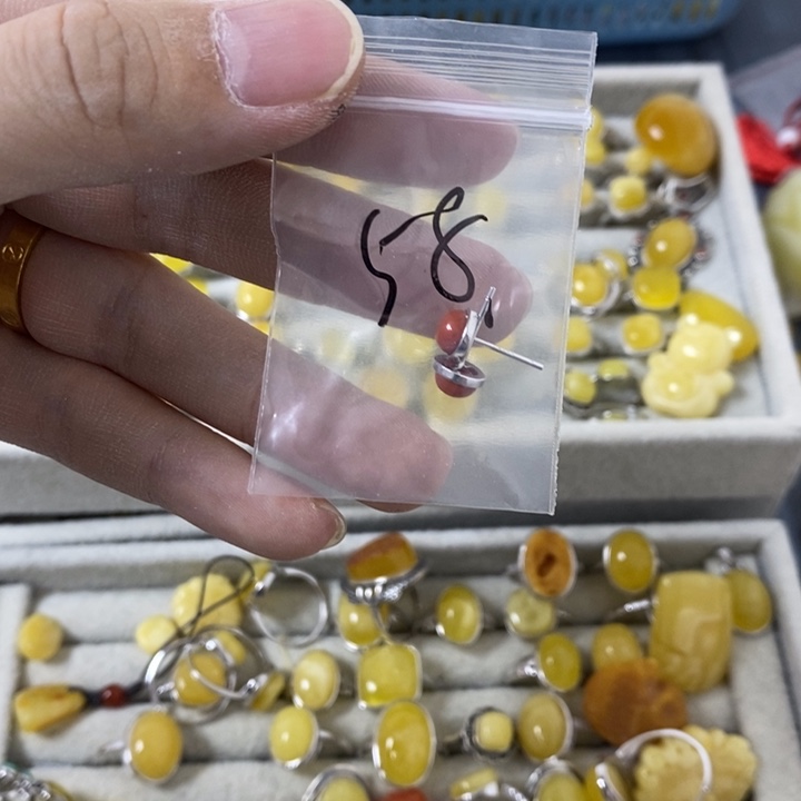 蜜蜡裸石银S925镶嵌耳钉