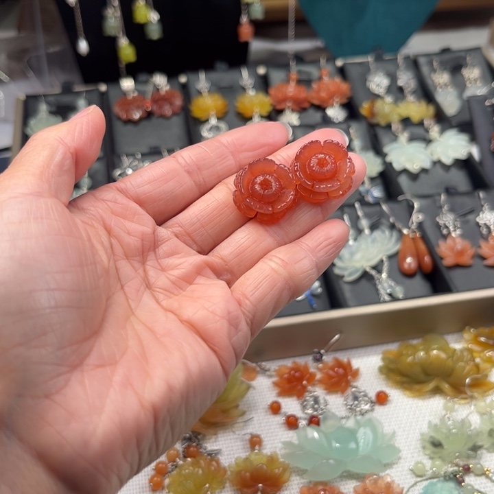 蛇纹石玉耳饰银S925镶嵌