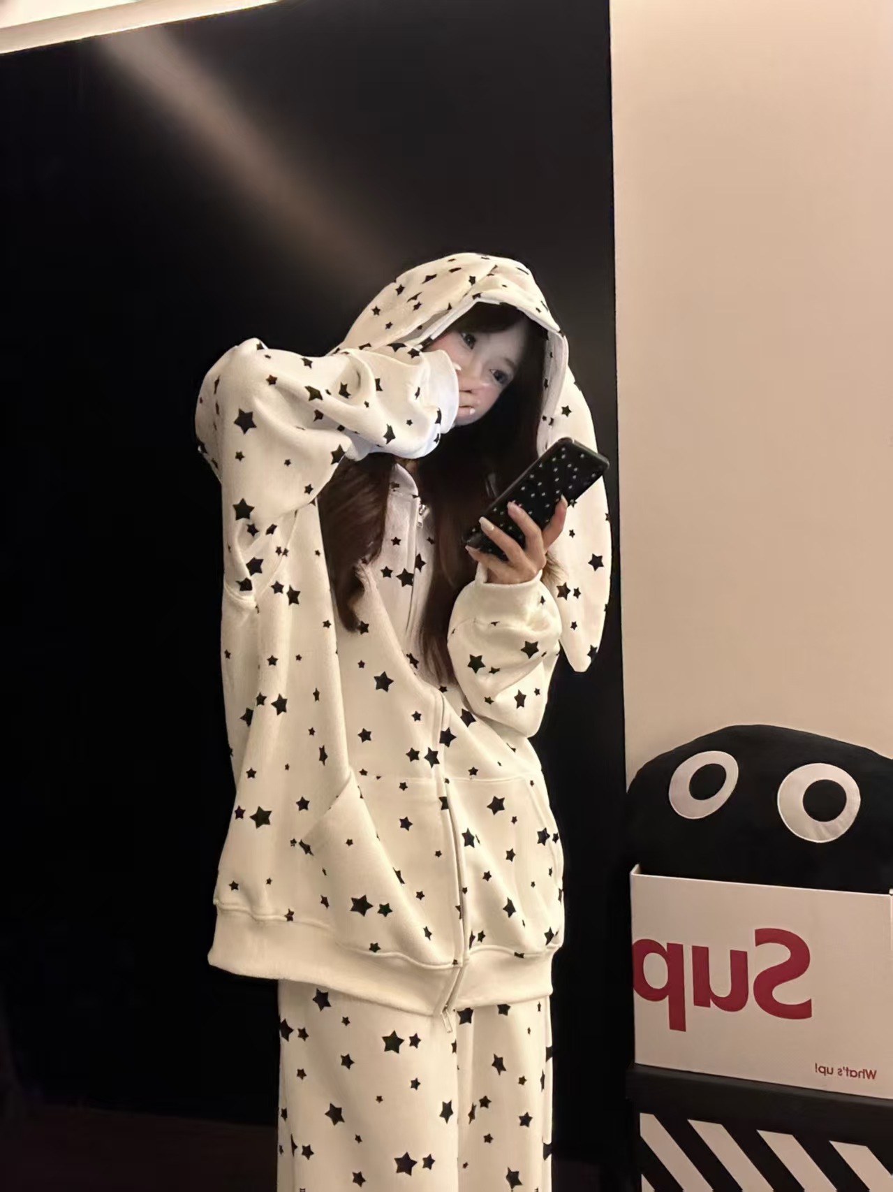 美式星星满印兔耳朵连帽睡衣女2025新春秋慵懒风宽松休闲两件套装