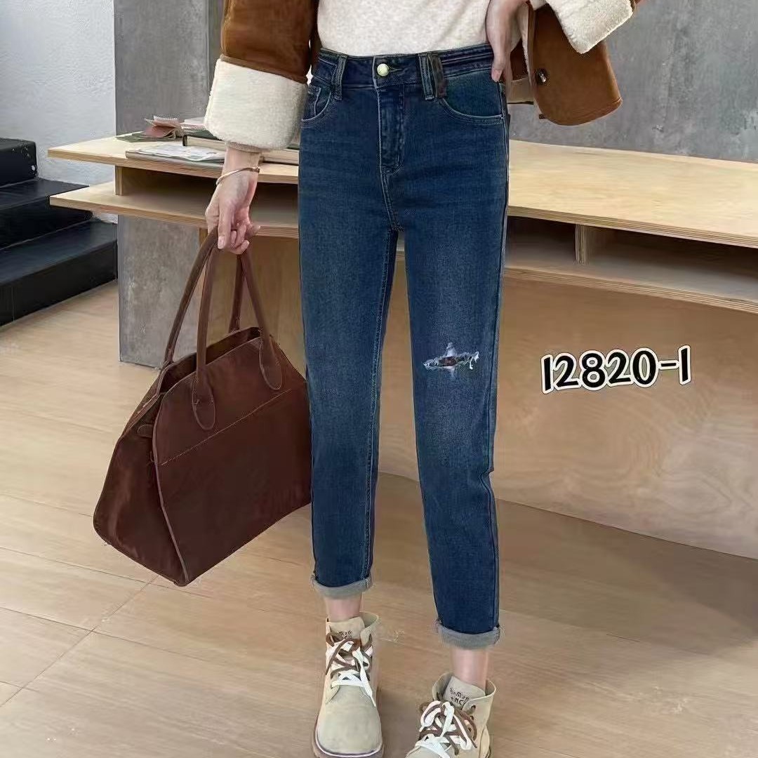 珠珠家抓毛休闲弹力时尚高弹牛仔裤百搭破洞显瘦高贵小脚裤12820