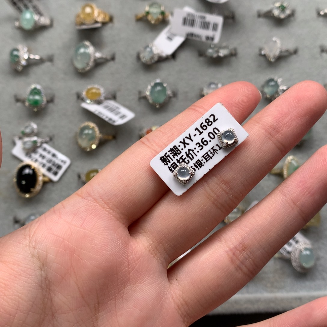 翡翠银S925镶嵌戒指耳钉