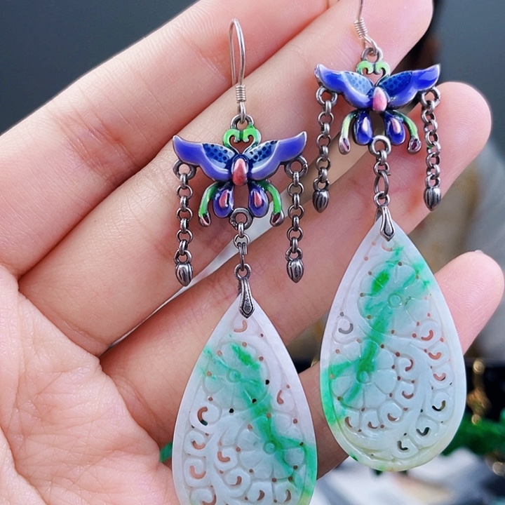 翡翠耳饰银S925镶嵌饰品