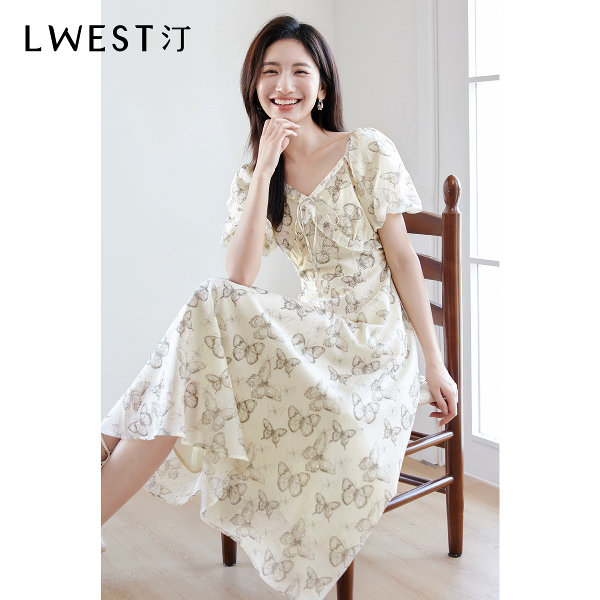【茉茉专属】朗文斯汀时尚蝴蝶印花天丝连衣裙DTML4206B12504