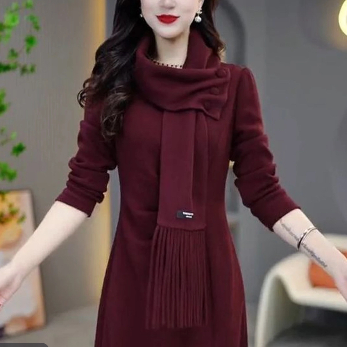 3259#【裙长106】秋冬新款气质显瘦百搭保暖过膝女士连衣裙