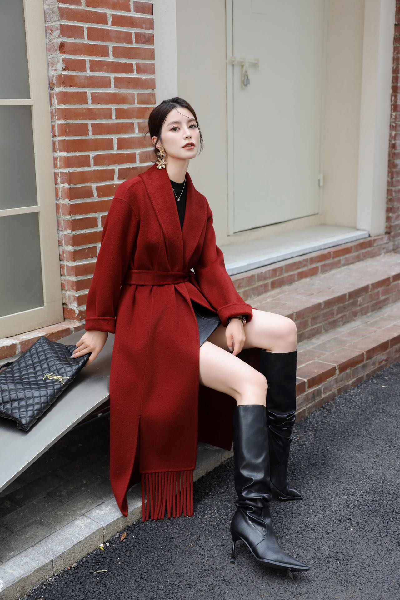 【羊绒&羊毛】赫本风翻领双面羊绒大衣慵懒气质流苏羊绒外套