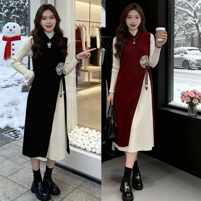 2025年冬款新年战袍新中式套装马甲时尚两件套显瘦针织连衣裙014