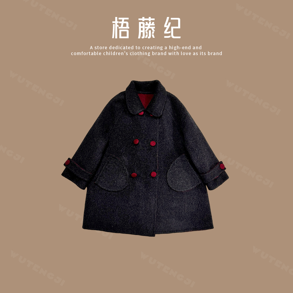 【凤年】儿童深灰色毛呢双排扣大衣撞色复古中长款秋冬外套25DH908