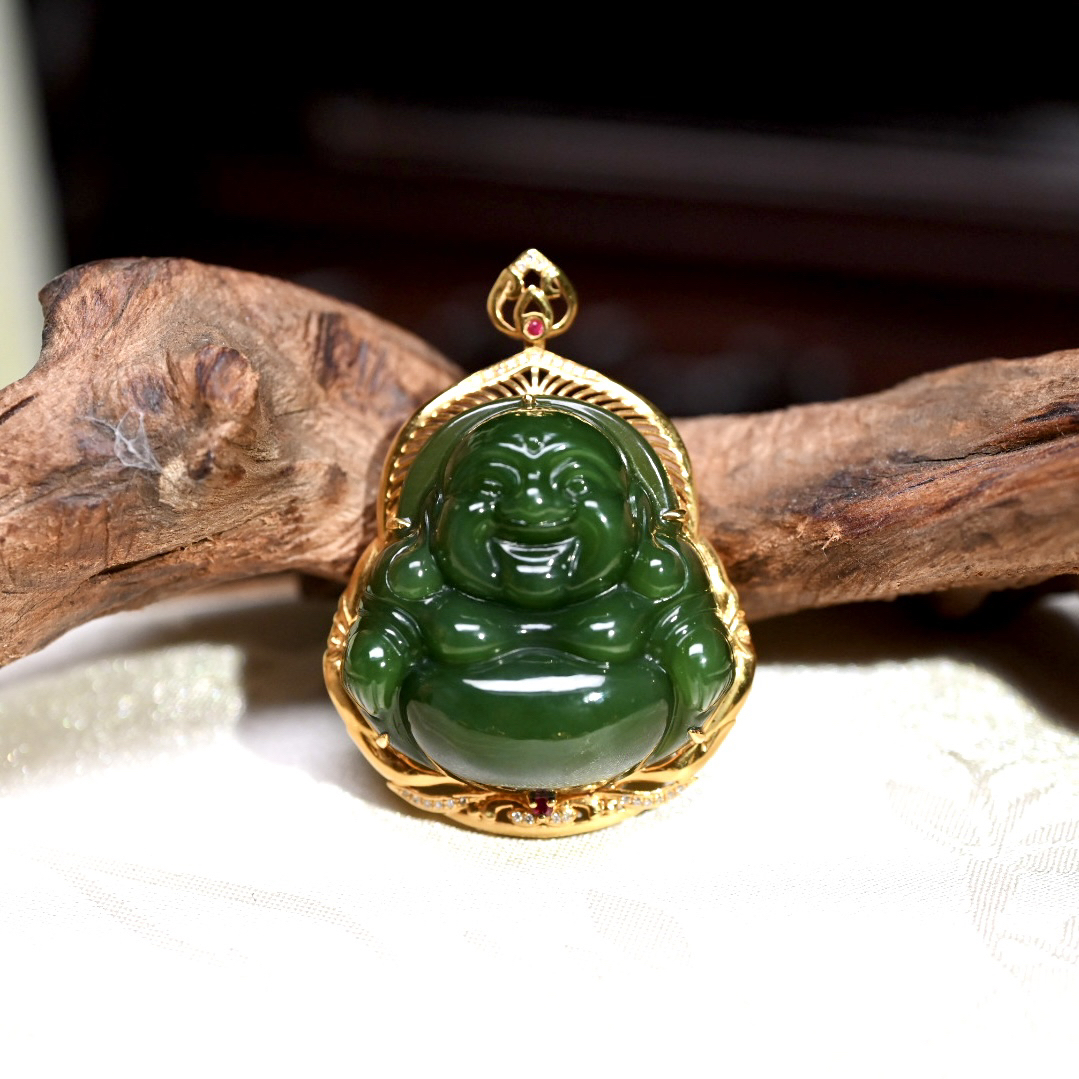和田玉碧玉佛公吊坠18k金镶嵌BCFG30H