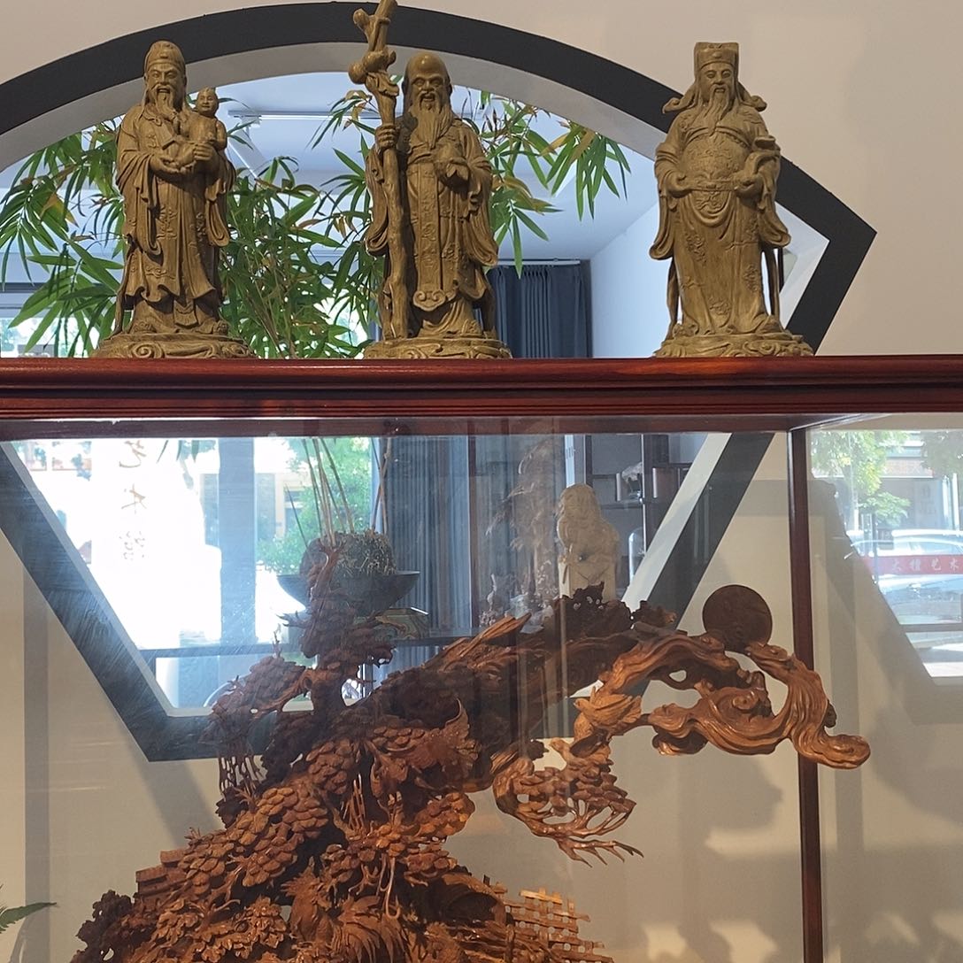 无事牌檀香木三星报喜福禄寿工艺品摆件
