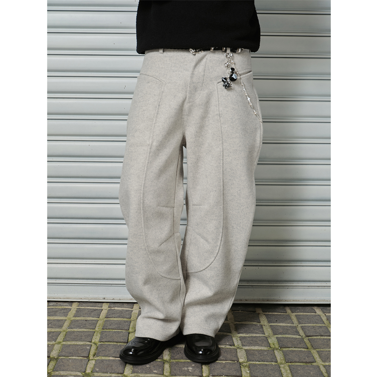 ComicTree C.t 25冬毛呢链条拼接廓形重磅弯刀长裤男卫裤休闲裤子