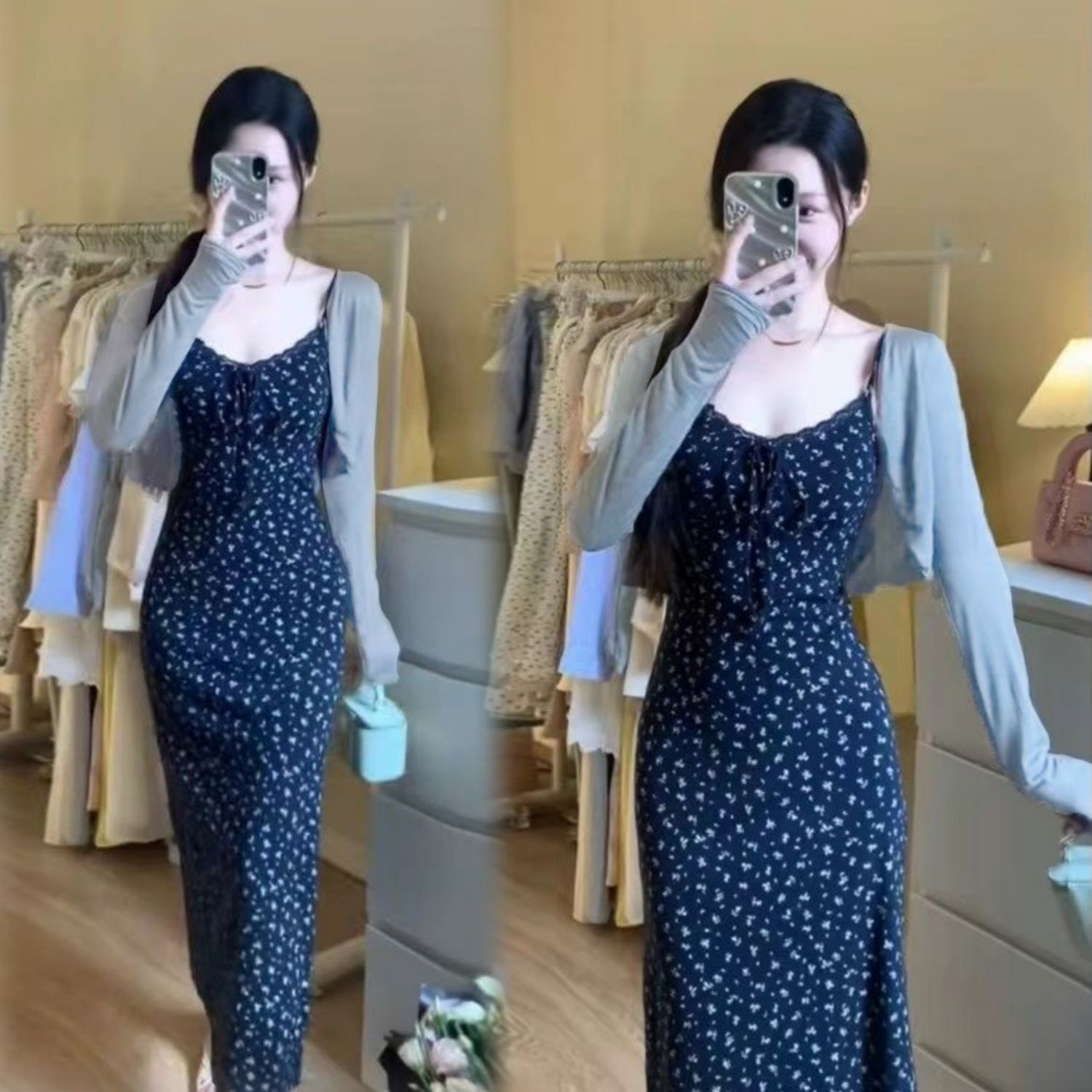 2025新款今年流行漂亮套装裙女夏季气质开衫碎花吊带连衣裙两件套