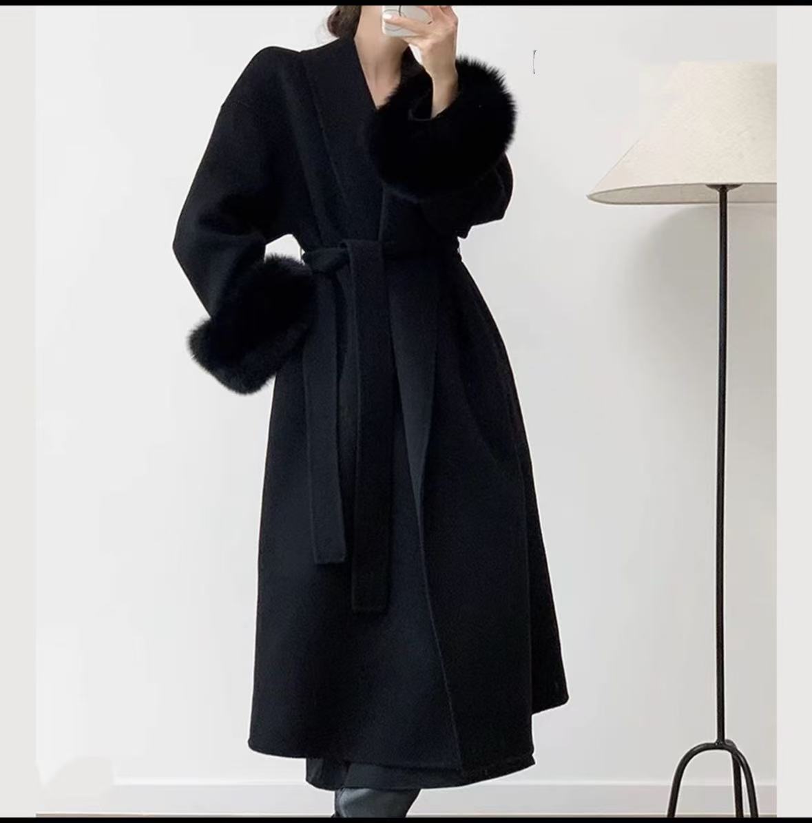 【束语定制】羊毛高端黑色加长款狐狸毛双面羊毛呢大衣外套女爵时代