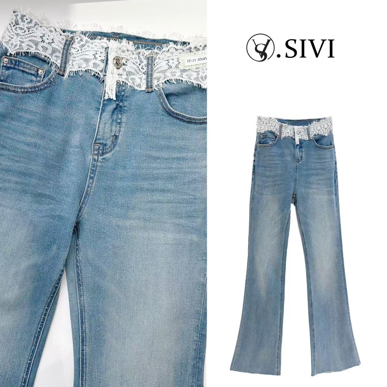 熙薇【人鱼摆尾】春季新款时尚休闲微喇显瘦蕾丝拼接牛仔裤H1084