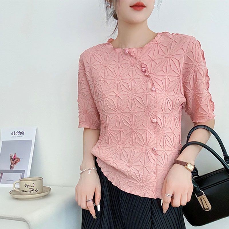 三宅中古重工斜扣褶皱上衣短袖淑女气质高级感圆领压褶T恤陈