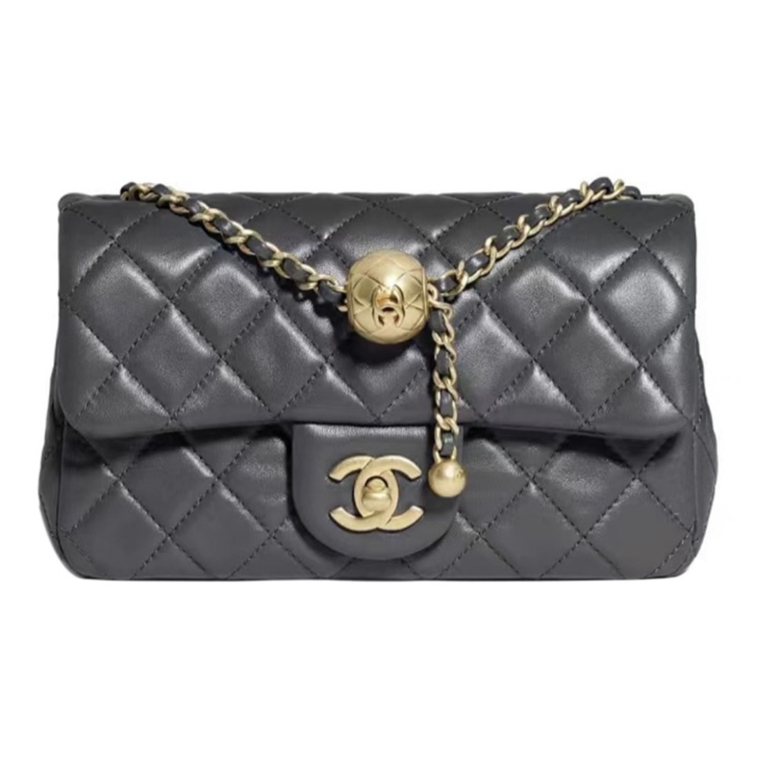 全新未使用 Chanel/香奈儿 小花攀攀 大Mini 深灰色 金球
