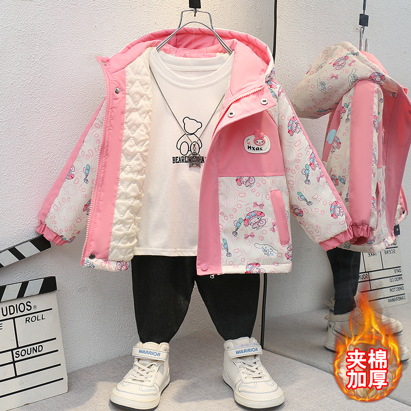 女童加棉外套2025新款女宝宝洋气冲锋衣中小童春秋夹棉加厚风衣潮
