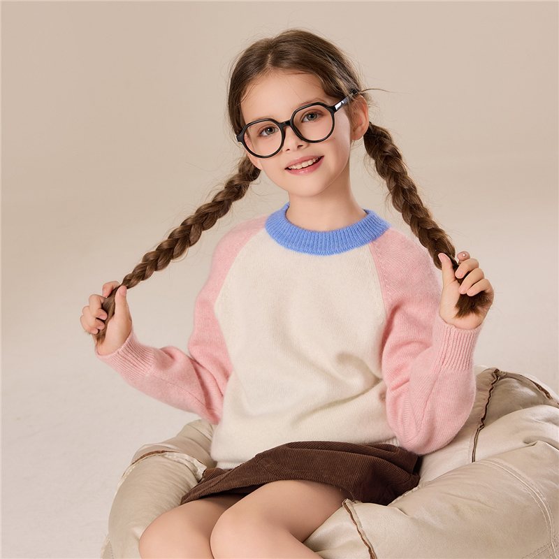 秋冬儿童圆领加厚羊绒衫男女童双股针织毛衣插肩袖拼色打底衫童装