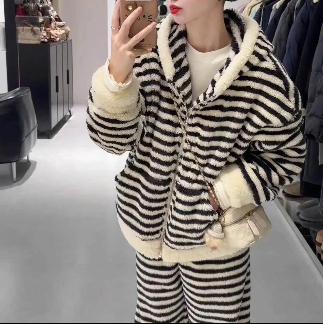 【原版1200g】冬季外穿时尚条纹连帽加绒加厚天鹅绒睡衣家居服套装