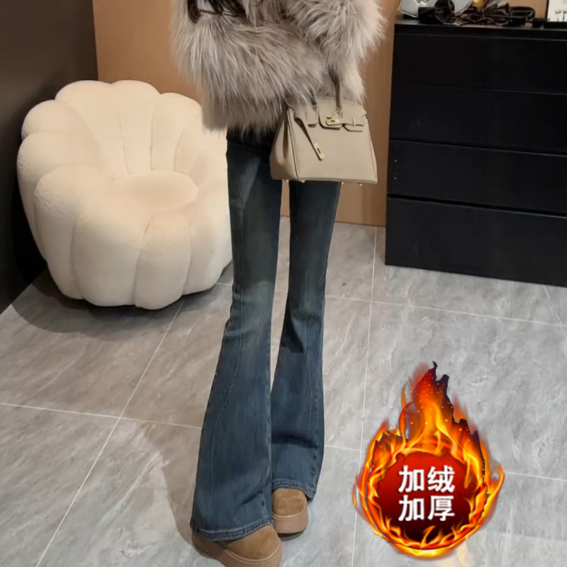 2025秋冬新款线条微喇牛仔裤子女大码加绒加厚高腰显瘦弹力马蹄裤