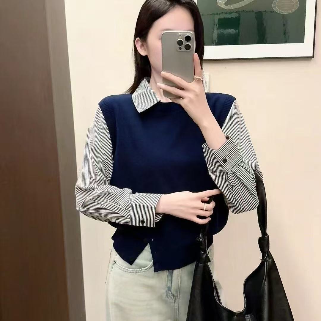 秋季新款法式拼接针织衫假两件条纹衬衫女装高级POLO领针织衫上衣