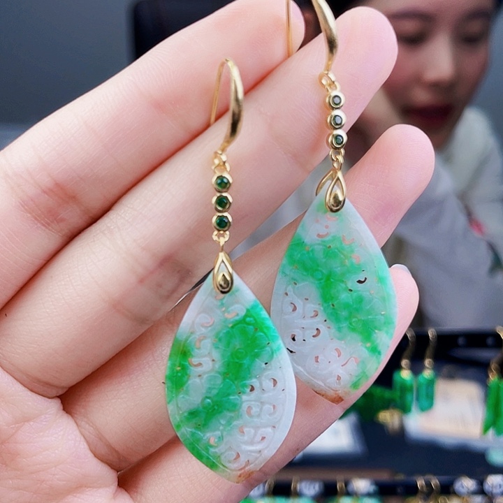 翡翠耳饰银S925镶嵌饰品