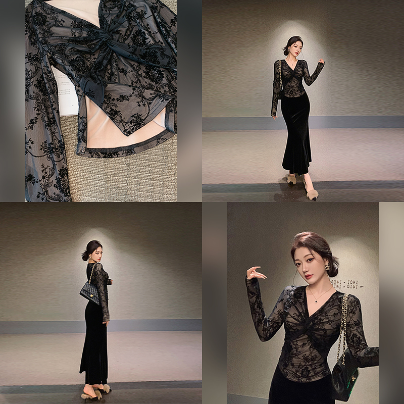 林关关【黑絮迷情】轻熟风修身御姐V领女秋冬性感扭结植绒蕾丝上衣