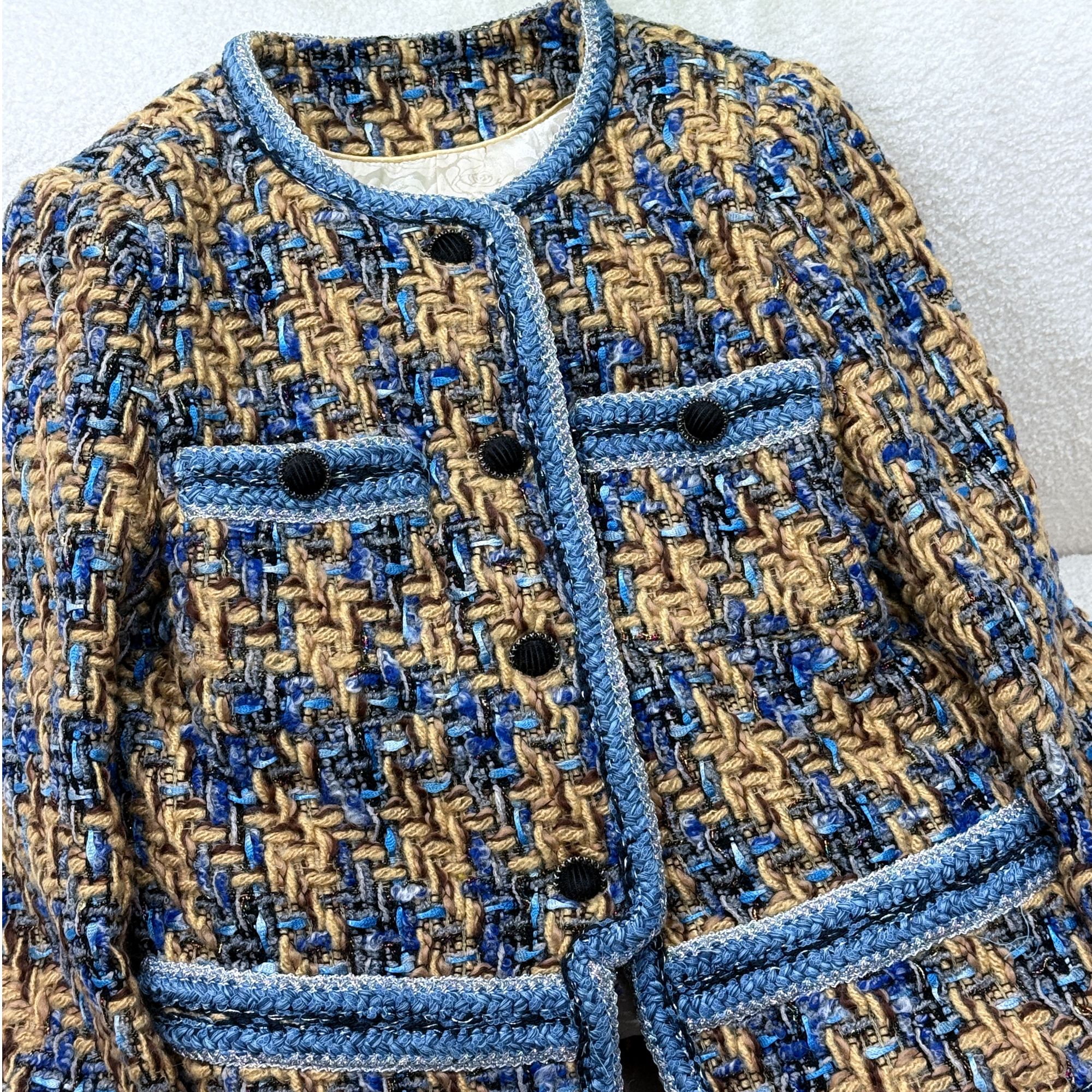 DUOMI【小香女神】黄蓝拼色黑扣圆领针织外套WT15072