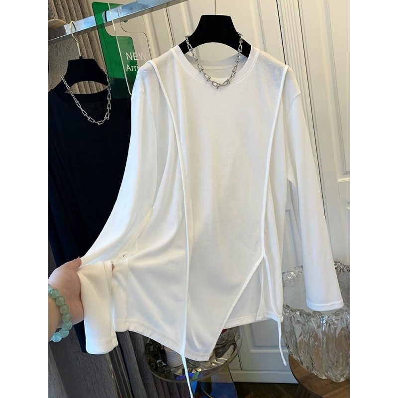 P799垂带不规则设计感小众长袖T恤上衣女罩衫宽松休闲春装新款棉