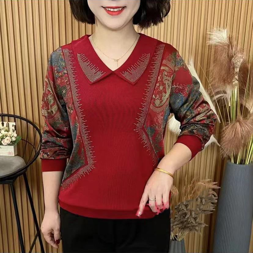 时尚拼接娃娃领宽松显瘦洋气妈妈装长袖上衣