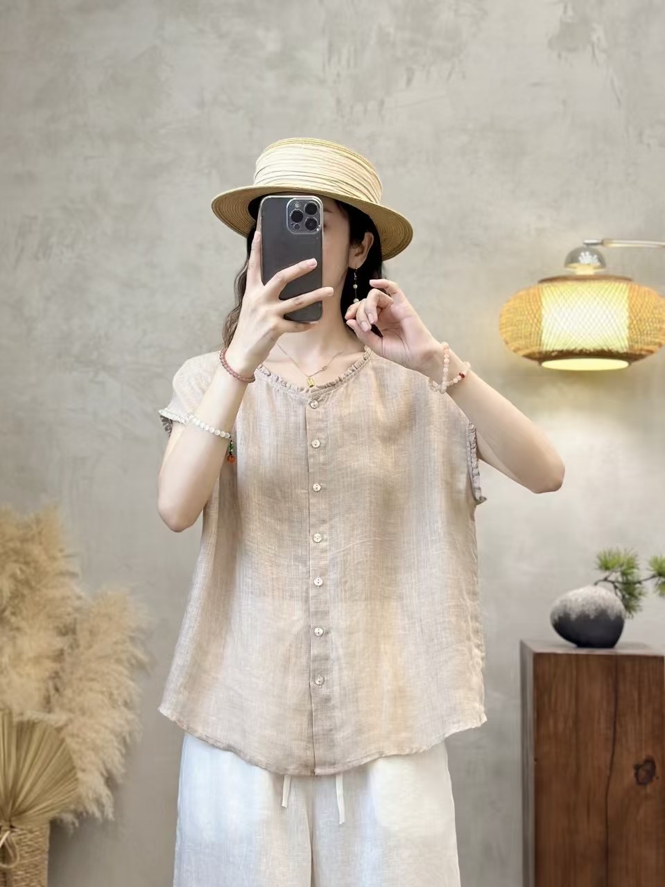 阅初 夏季纯色百搭超薄苎麻衬衫女薄款无袖防晒木耳圆领时尚显瘦