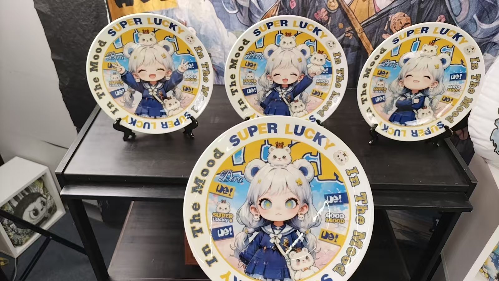 三只肥熊创意盖子款彩绘陶瓷盘套装